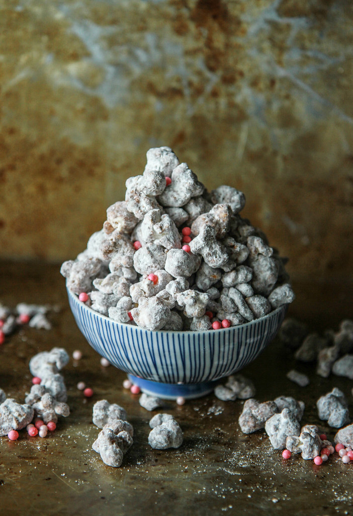 Chocolate Almond Popcorn Puppy Chow- vegan and gluten free from heatherchristou.com