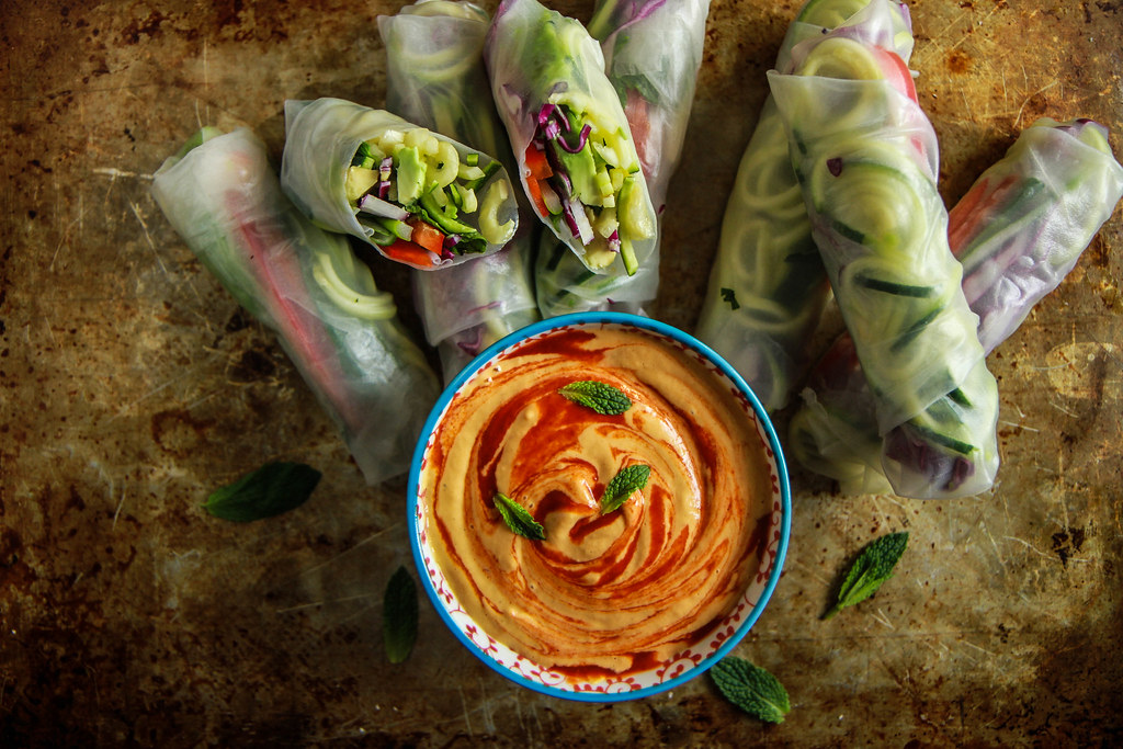 Vegan Zoodle Fresh Rolls with Tahini Mango Dipping Sauce