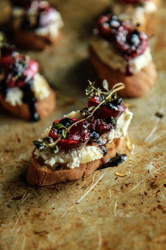 Crostini with Almond Ricotta, Roasted Cherries and Thyme with Balsamic and Honey- Vegan and GF form heatherchristou.com