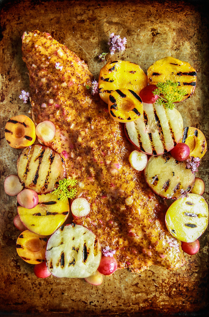 Grilled Nactarine mustard Glazed Salmon from heatherchristou.com