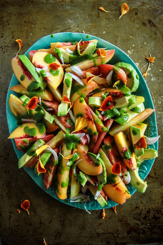 Tomato, Peach adn Avocado Salad with Cilantro Vinaigrette from heatherchristou.com