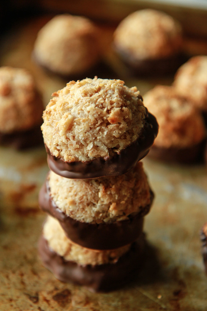Vegan Chocolate Dipped Toasted Coconut Macaroons from heatherchristou.com