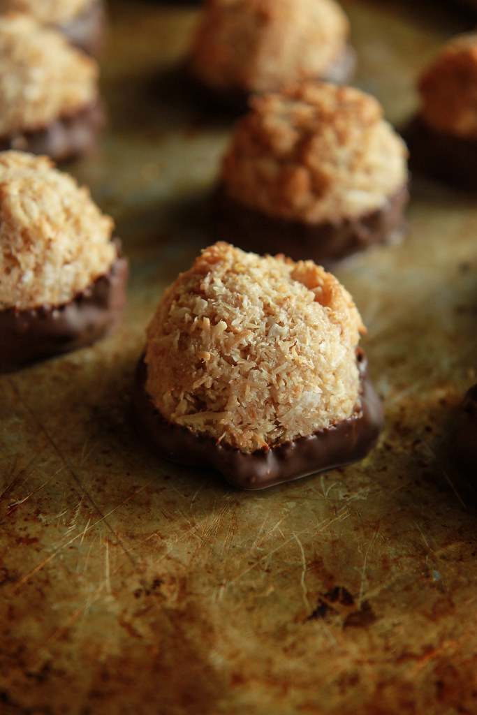 Vegan Chocolate Dipped Toasted Coconut Macaroons from heatherchristou.com