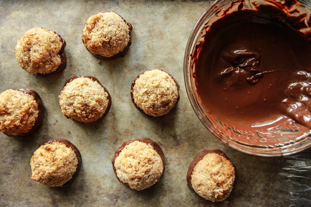 Vegan Chocolate Dipped Toasted Coconut Macaroons from heatherchristou.com