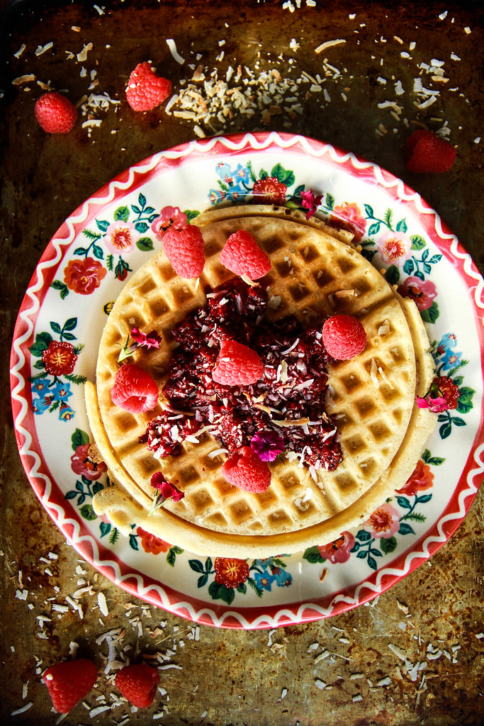 Coconut Waffles with Raspberry Sauce- Vegan and Gluten Free from heatherchristou.com