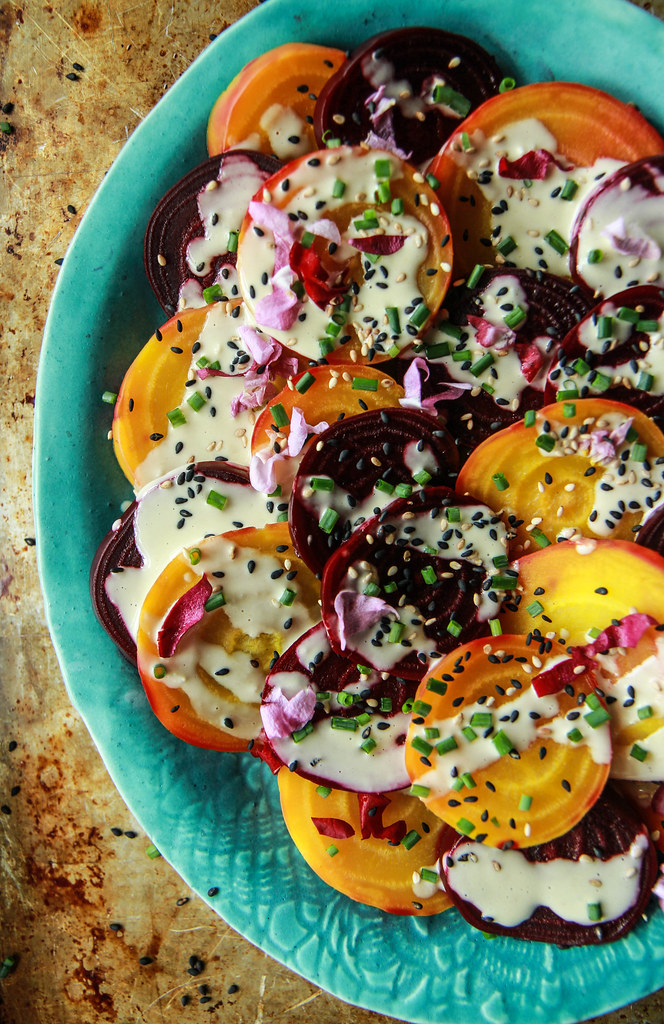 Beet Salad with Tahini Lemon Sauce - Vegan from heatherchristou.com