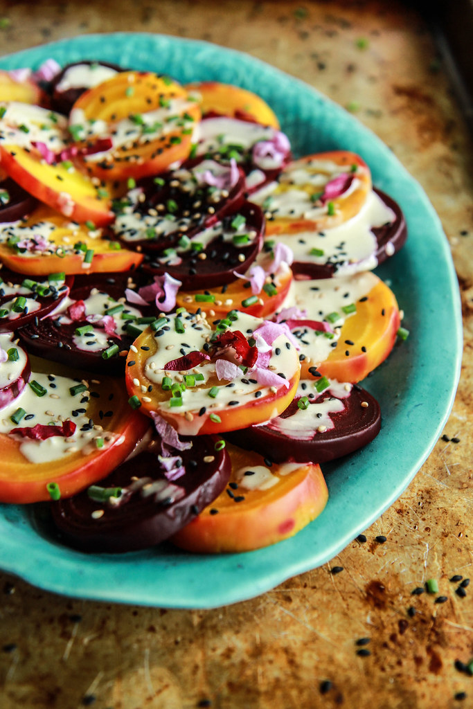Beet Salad with Tahini Lemon Sauce - Vegan from heatherchristou.com