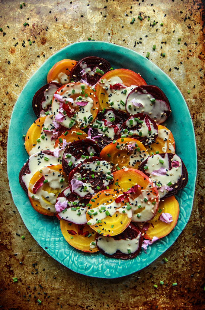 Beet Salad with Tahini Lemon Sauce - Vegan from heatherchristou.com