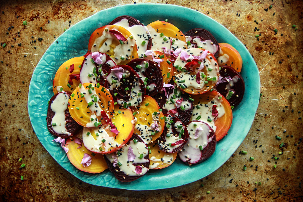 Beet Salad with Tahini Lemon Sauce - Vegan from heatherchristou.com