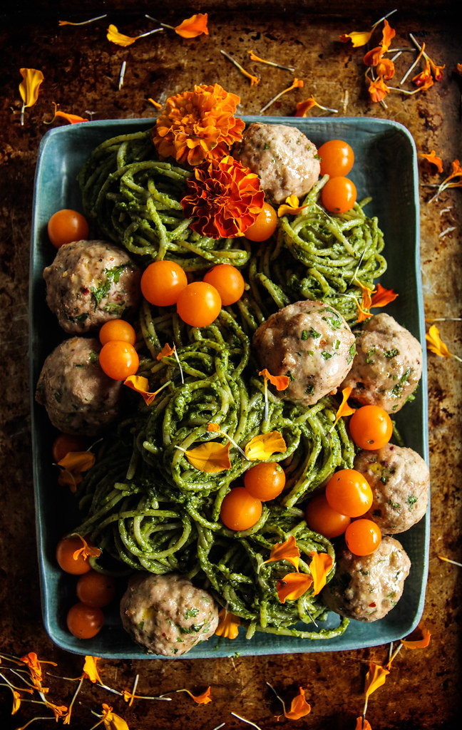 Spinach Walnut Pesto Pasta with Turkey Meatballs from heatherchristou.com (Vegan and Gluten-Free)