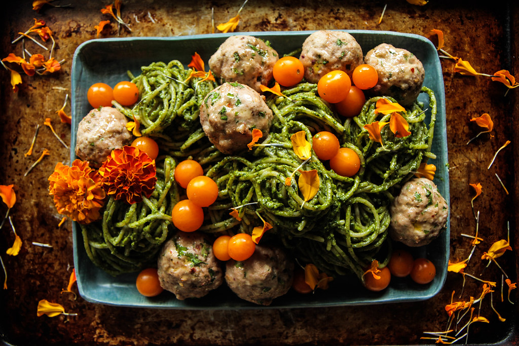 Spinach Walnut Pesto Pasta with Turkey Meatballs from heatherchristou.com (Vegan and Gluten-Free)