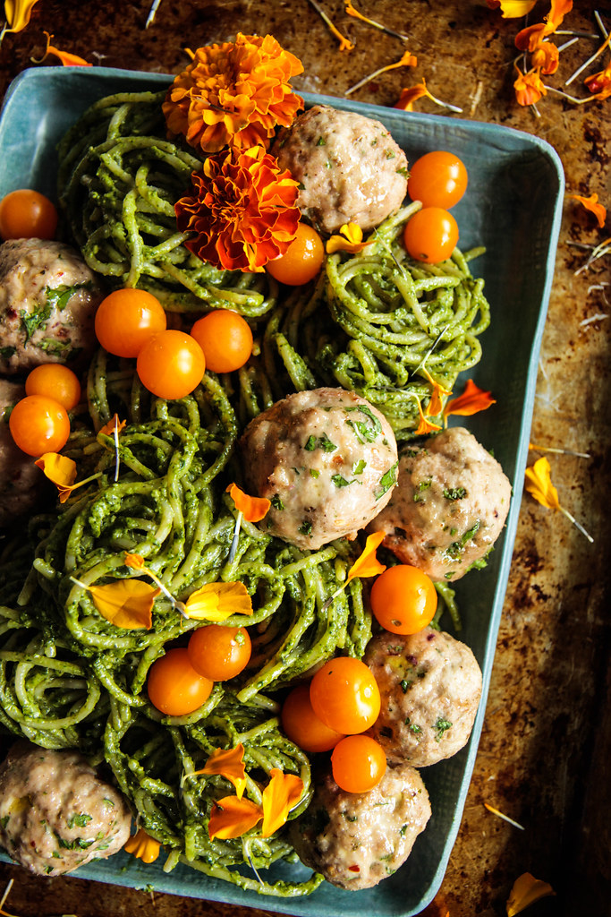 Spinach Walnut Pesto Pasta with Turkey Meatballs from heatherchristou.com (Vegan and Gluten-Free)