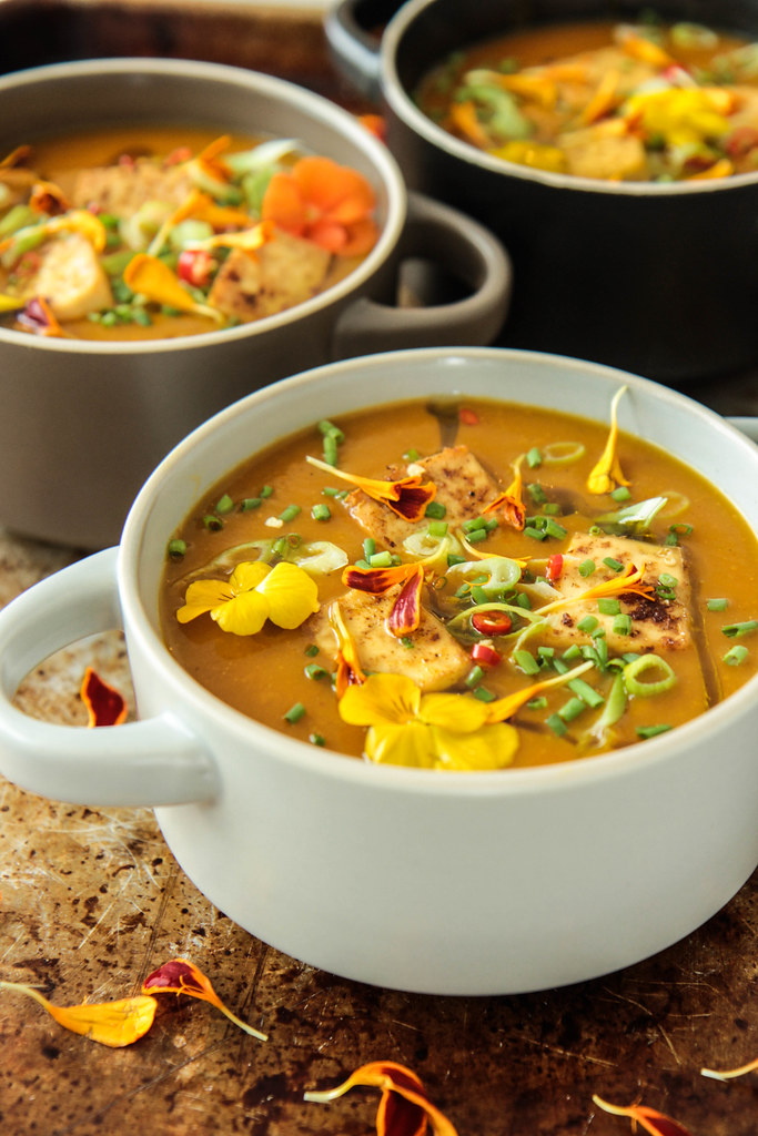 Butternut Squash Soup with Crispy Tofu (Vegan) from heatherchristou.com