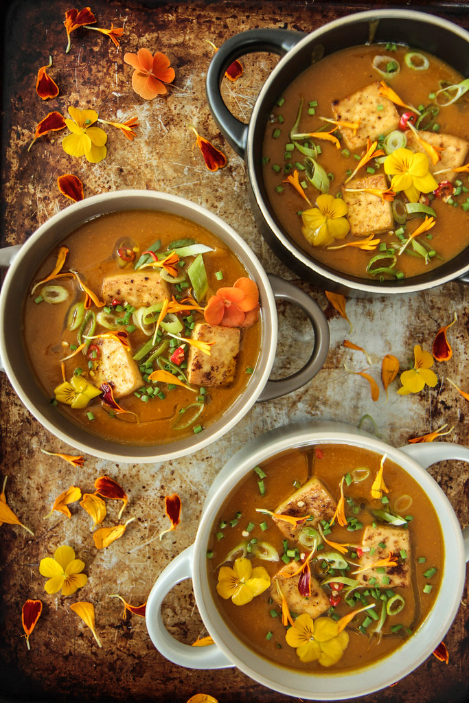 Butternut Squash Soup with Crispy Tofu (Vegan) from heatherchristou.com
