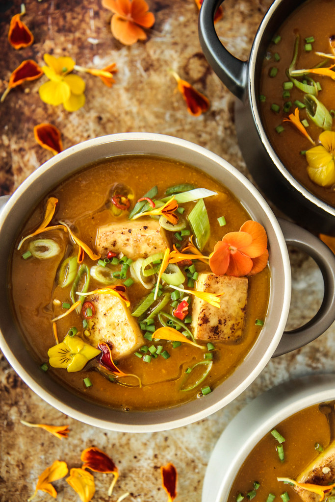Butternut Squash Soup with Crispy Tofu (Vegan) from heatherchristou.com