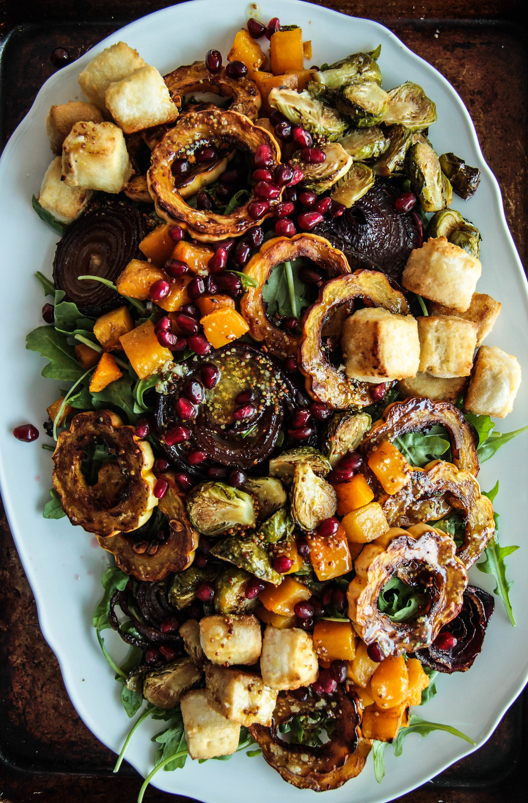 Arugula and Roasted Autumn Vegetable Salad with Crispy Tofu (Vegan and Gluten-free) from heatherchristou.com