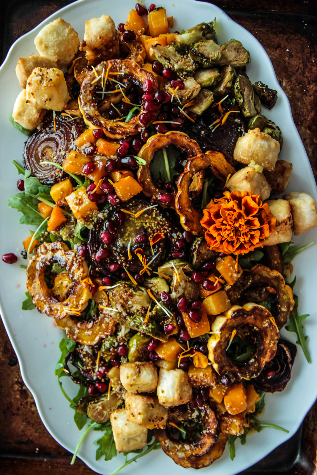Arugula and Roasted Autumn Vegetable Salad with Crispy Tofu (Vegan and Gluten-free) from heatherchristou.com