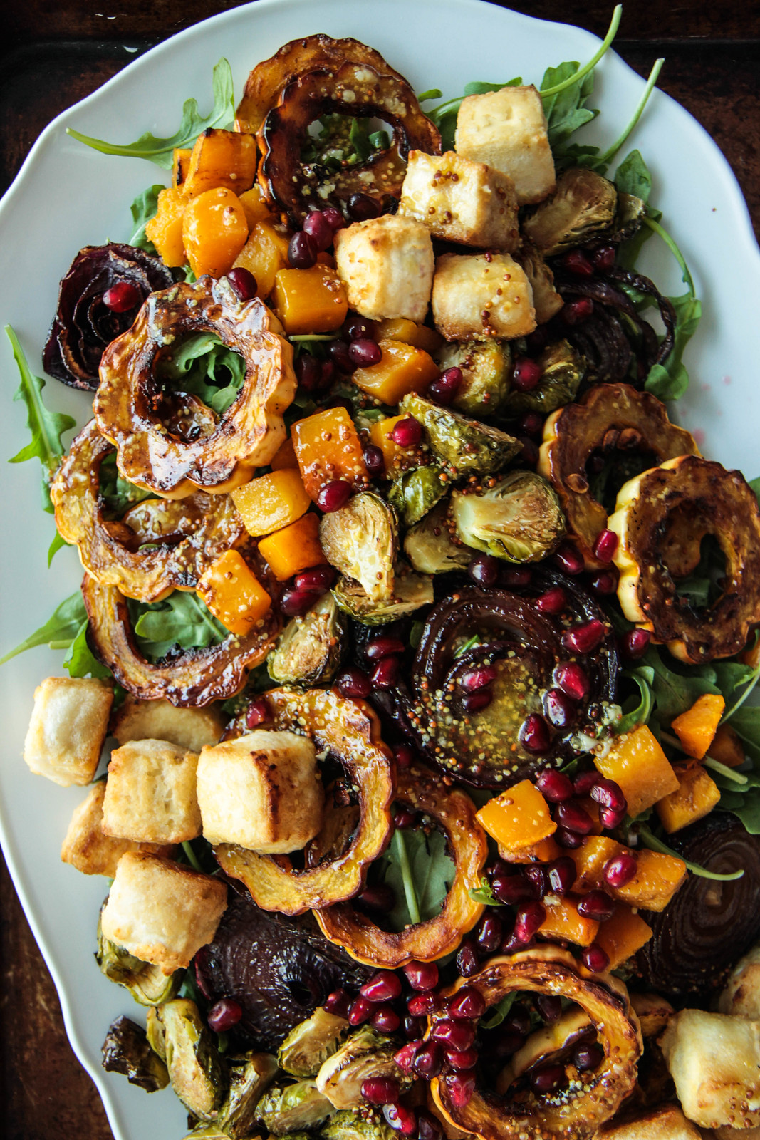 Arugula and Roasted Autumn Vegetable Salad with Crispy Tofu (Vegan and Gluten-free) from heatherchristou.com