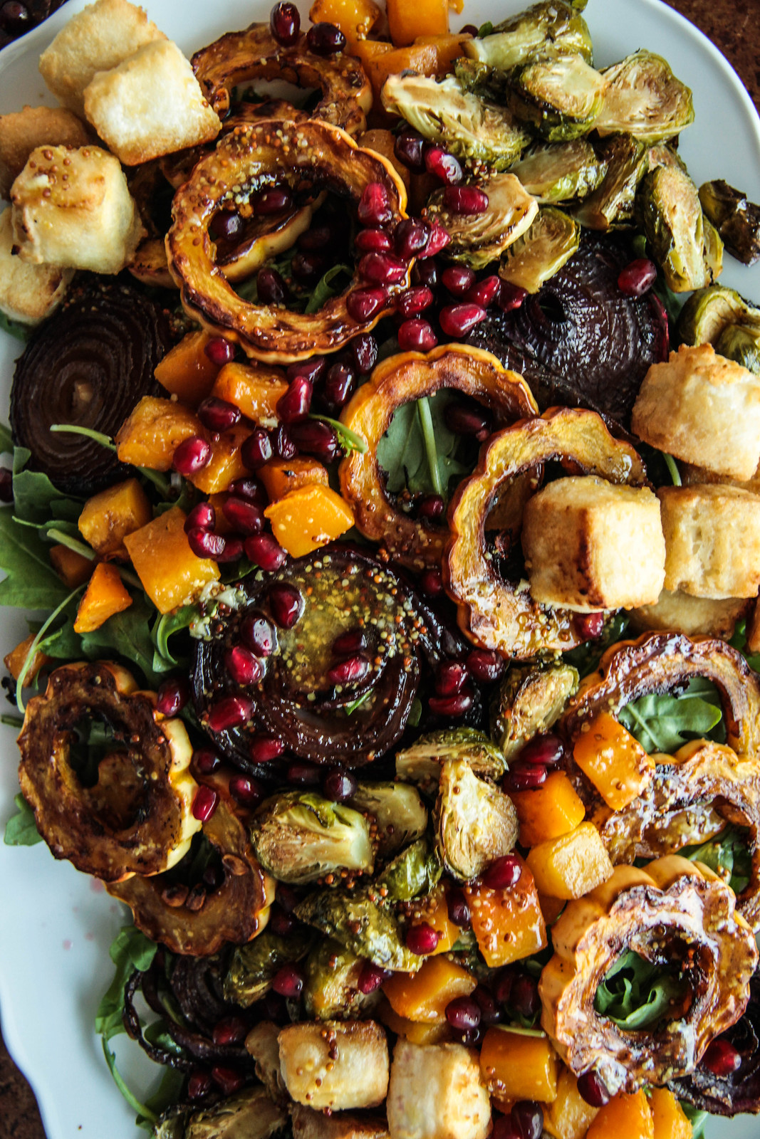 Arugula and Roasted Autumn Vegetable Salad with Crispy Tofu (Vegan and Gluten-free) from heatherchristou.com