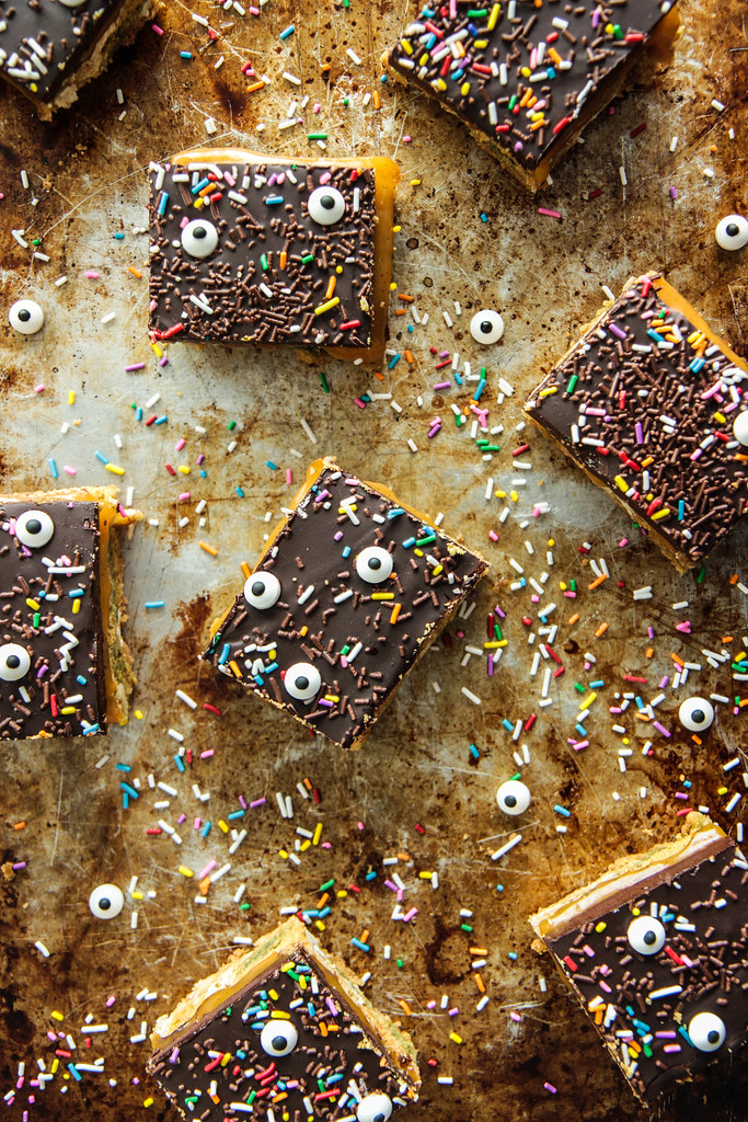 Chocolate Pumpkin Caramel Cookie Bars (gluten-free and vegan) from heatherchristou.com