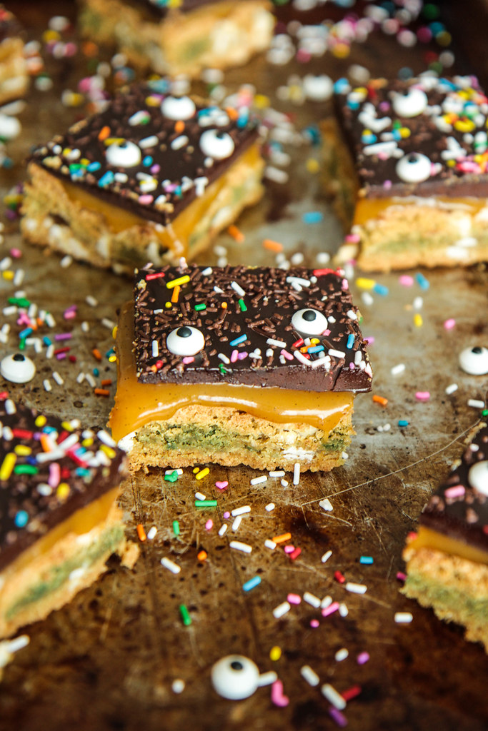 Chocolate Pumpkin Caramel Cookie Bars (gluten-free and vegan) from heatherchristou.com