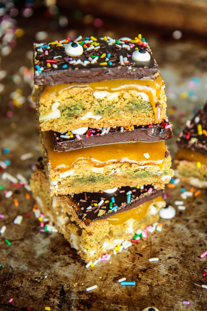 Chocolate Pumpkin Caramel Cookie Bars (gluten-free and vegan) from heatherchristou.com